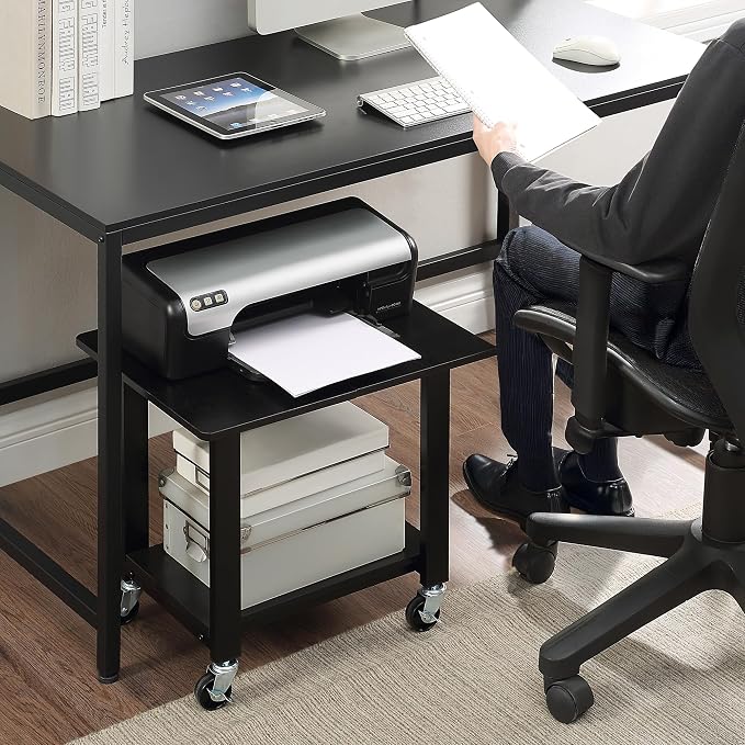SunnyPoint 2-Tier Mobile Stand with Lockable Wheels — Printer Cart, Mini Fridge Stand, Portable Electronic Device & Projector Holder | Under Desk Storage Shelf for Home & Office, 18.9" x 15.75" (BLK)