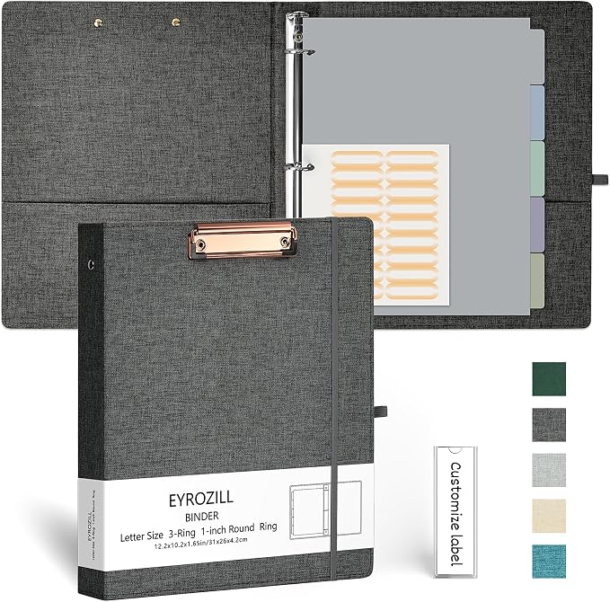 EYROZILL 3 Ring Binder, 1 Inch Linen Binder Organizer for Letter Size (8.5" x 11") with 5 Tab Dividers, File Folder Labels and Low Profile Clipboards, School and Office Supplies- Darkgrey