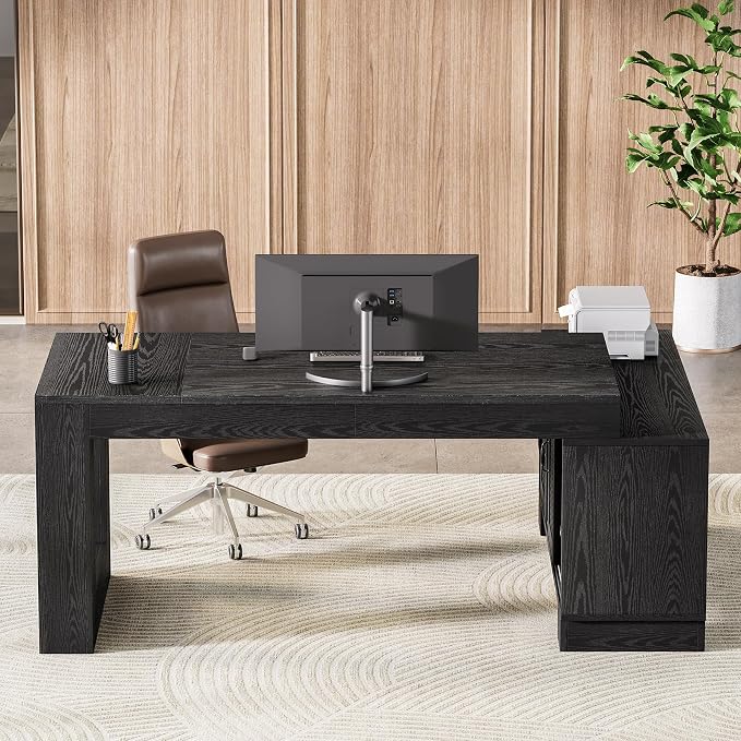 LITTLE TREE L Shaped Executive Desk, Large 63" Executive Desk with File Cabinet, Modern L Shaped Desk, Corner Computer Desk for Home Office & Business Furniture Workstation, Black