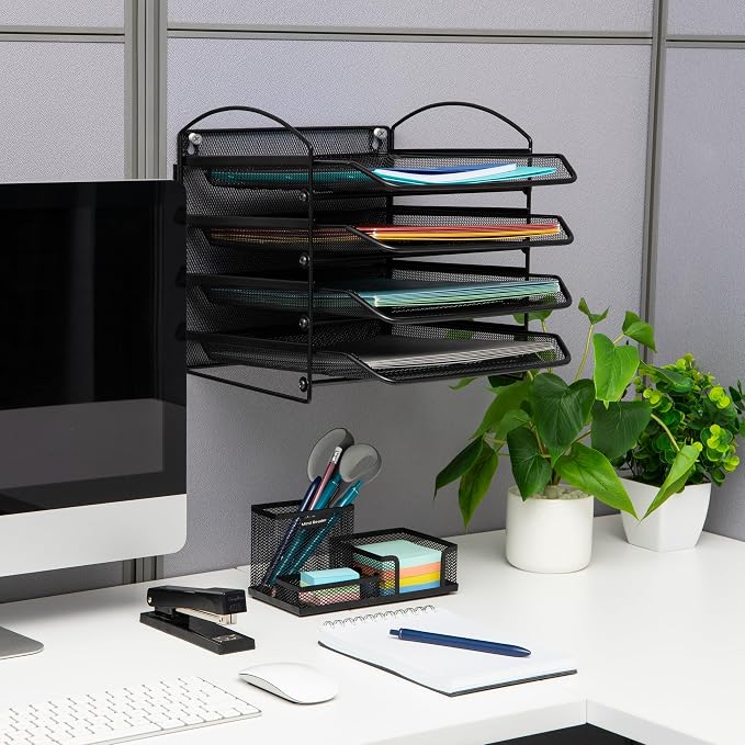 Mind Reader 4-Tier Paper Tray, File Storage, Desktop Organizer, Wall Mountable, File Organization, Metal Mesh, Black
