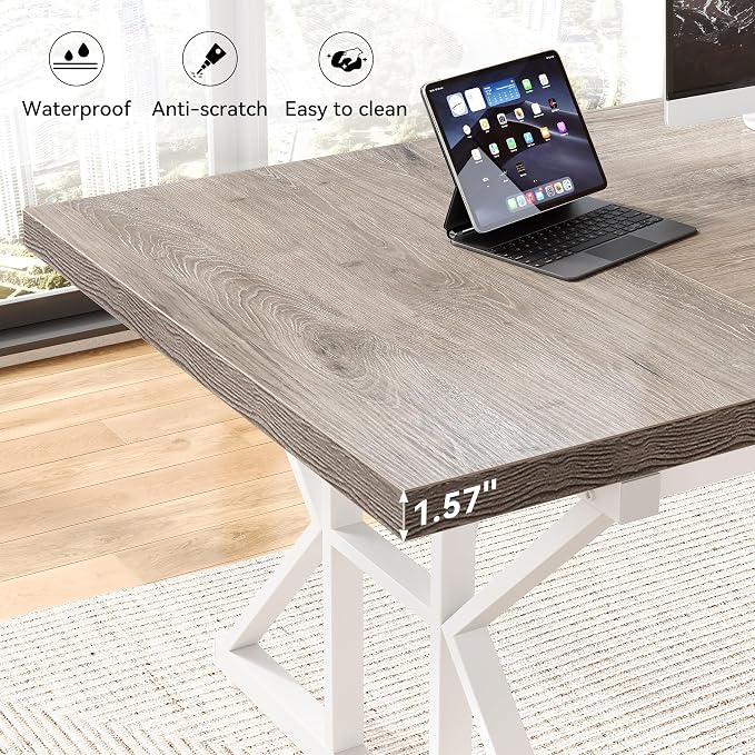 LITTLE TREE 70.8-Inch Large Executive Desk, Modern Computer Office Desk, Wooden Writing Desk Study Table for Home Office, Grey-White