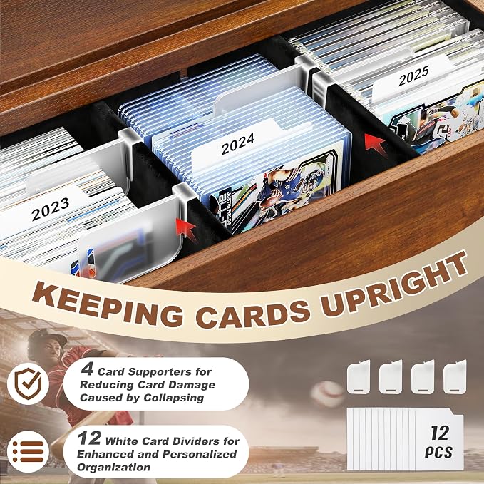 Emfogo Trading Card Display, 3-Tier Card Display Case with Custom Drawer, Wood Graded Card Display with Supporters and Dividers, Sports Card Display Case for Collection (Walnut)