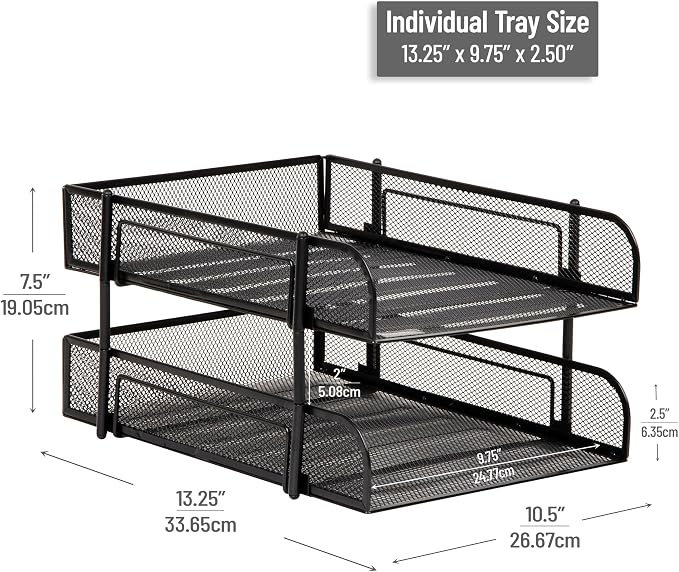 Mind Reader Stackable Paper Tray, Desktop Organizer, File Storage, Office, Metal Mesh, 2 Pcs, Black