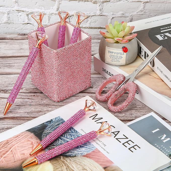Qilery 8 Pcs Bling Desk Accessories Gift with 1 Bling Pen Holder 6 Pcs Crystal Rhinestone Pens 1 Crystal Scissors Glitter Makeup Brush Holder Valentines Gift Vanity Decor Organizer(Pink)