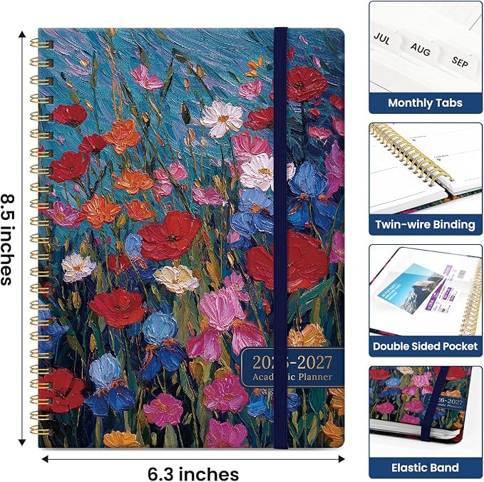 Taja Planner 2026-2027, Jul 2026-Jun 2027 Monthly & Weekly Calendar Planner | 6.3" x 8.5", Hardcover Academic Calendar, Teacher Student Agenda Book with Tabs, School Office Supplies, Impasto Blooms