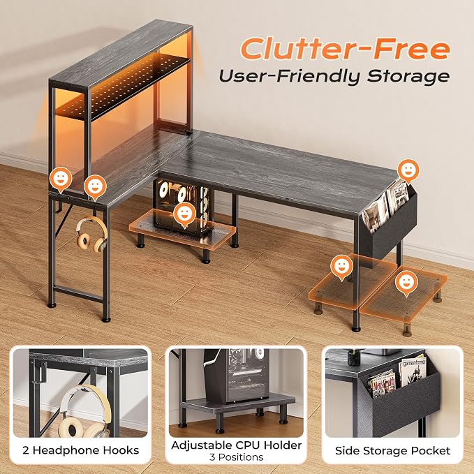 L Shaped Gaming Desk with LED Lights & Power Outlets | Reversible Computer Desk with Storage Shelves & Bag, Large Corner Home Office Desk with Pegboard for Work from Home, Grey