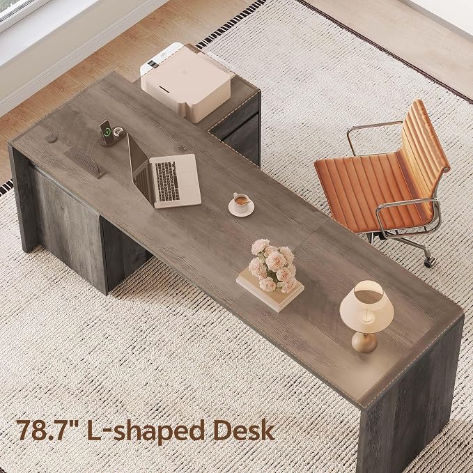 78" L-Shaped Executive Desk with Mobile File Cabinet, Grey Oak | Mid-Century L-Desk with Mobile File Cabinet, Drawers & Power Hub (4AC+2USB) Waterfall Edge. Large Workspace for Home Office