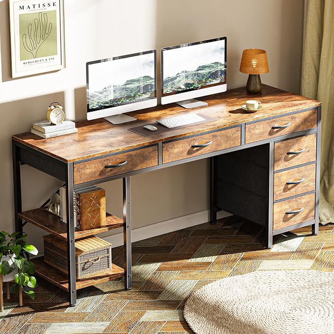 Huuger Computer Desk with 6 Drawers, Office Desk with Shelves, Reversible Gaming Desk, Corner Desk with Storage, Work for Home Office, Study, Living Room, 54inch, Rustic Brown