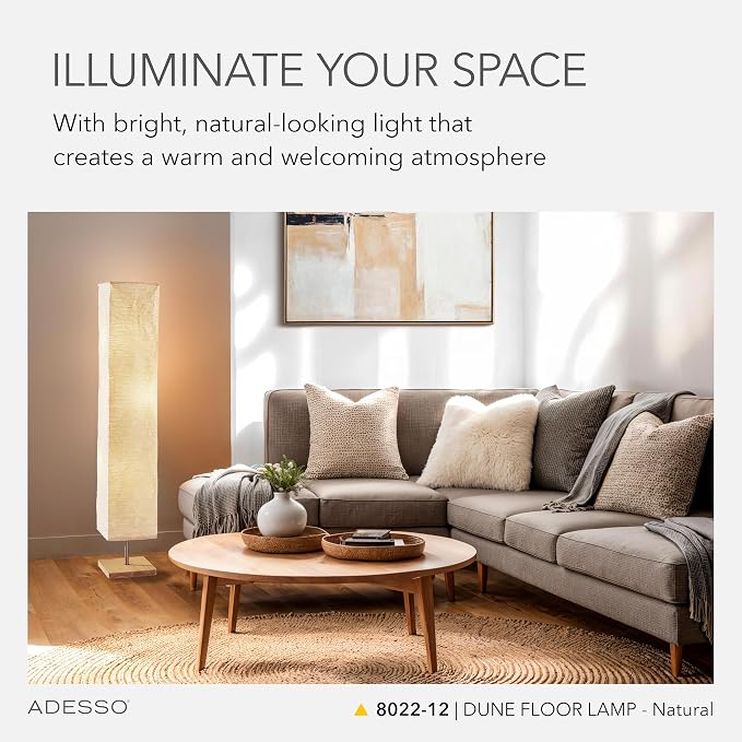 Adesso 3-Light Floor Lamp, Natural Wood & Beige, Adjustable, 58” | Dune 60W Floor Lamp with Foot Switch for Bedroom, Living Room, Reading Nook, or Corner Accent Lighting