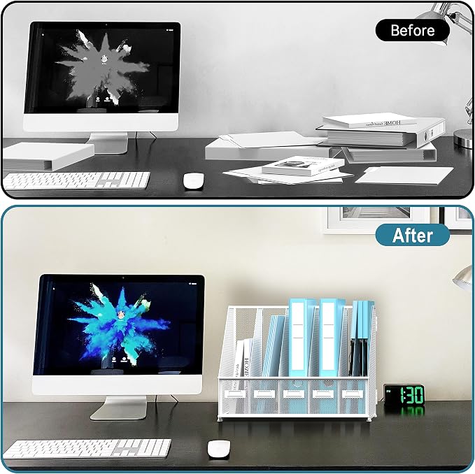 Desk Organizers Metal Desk Magazine File Holder with 5 Vertical Compartments Rack File Organizer for Office Desktop, Classroom, Home Workspace, White Plus