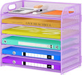 Cawukege 6 Tier Paper Organizer with Handle, Metal Desk Organizer Mesh Paper Letter Tray Desktop File Folder Document Sorter for Classroom, School, Office Accessories Storage (1, 6 Tier - Purple)