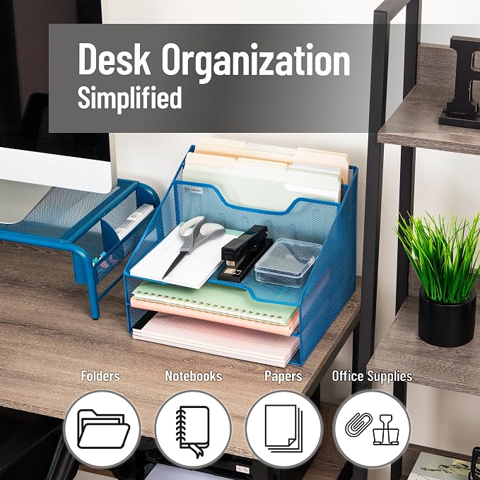 Mind Reader Metal Mesh Desktop File Organizer, 3-Tier Paper Tray with 5 Compartments, Office Mail Sorter, Turquoise