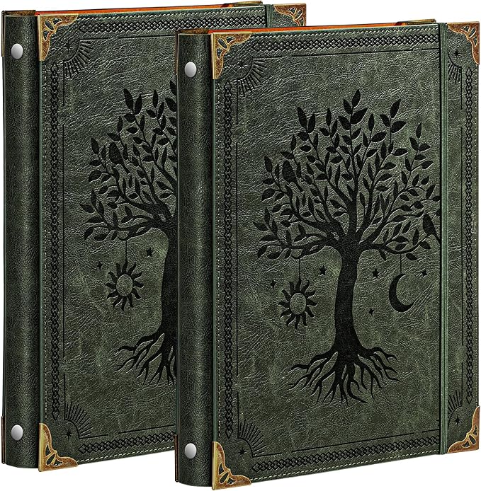 OVESMUSL 2 Pack PU Leather 3 Ring Binder, 1 Inch Green Tree | Fits 8.5x11 letter paper, holds 200 sheets, loose leaf organizer