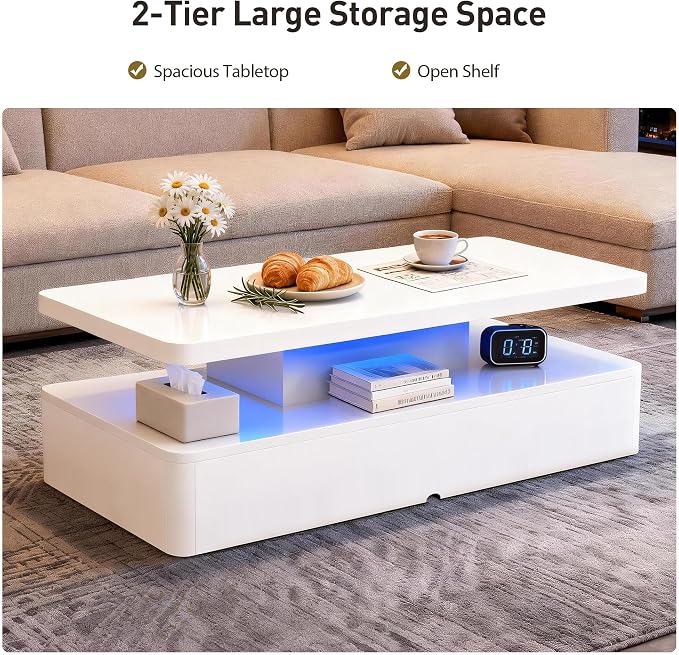 40" Modern LED Coffee Table, 2 Tier Rectangular Center Table with 16 Colors Lights & Large Storage Space, High Glossy Wooden Tea Table for Living Room, Bedroom, Home Office, White