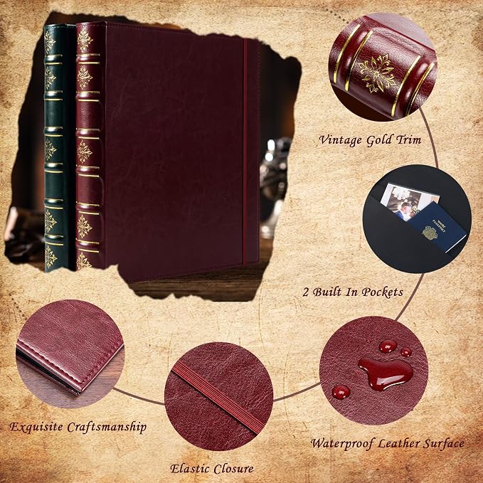 Ospelelf Vintage 3 Ring Binder 1 Inch, Leather Hardback D Ring Binder with Pockets and 5 Tab Dividers, Book Style Document Organizer Fits Letter Size for Home and Office Burgundy