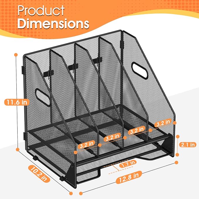4 Vertical Mesh Desk Organizer with Paper Letter Tray, Black | Sorting racks with lower letter tray section. Multipurpose mesh desktop space saver for home office and school