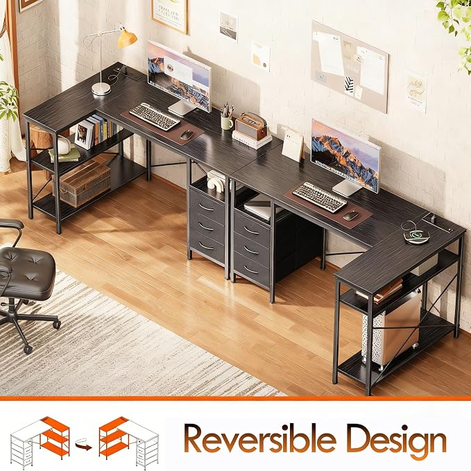 Alpen Computer Desk with Drawers, L Shaped Desk for Bedroom with Power Outlets, Gaming Table with Storage Shelves, Corner Desk for Gaming, Study Writing PC Table, 55 Inch, Black