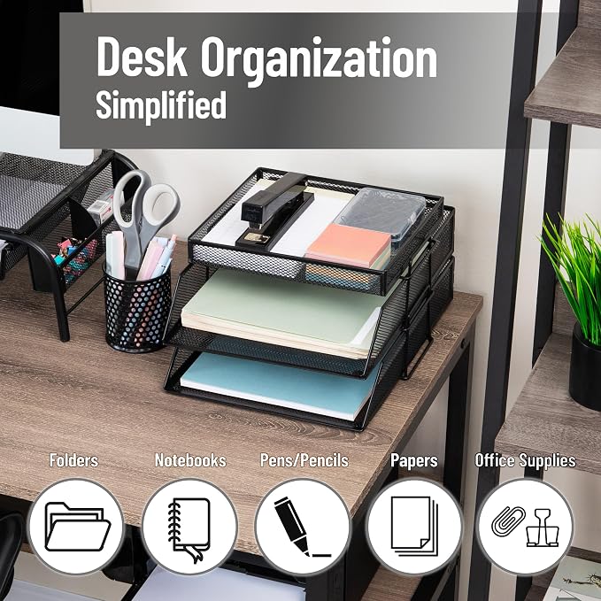 Mind Reader 2 Tier Paper Tray with Top Supply Compartment, Desktop File Organizer, Metal Mesh, Black