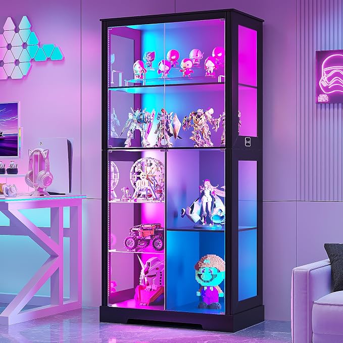 7-Tiers 71" Tall Display Cabinet with Glass Doors & Human Body Sensor-Black | 71inch Tall, 7+5 Color Lights, Fits Different Height Collectibles, Safety Lockable Keys, 4mm Thickened Glass, Easy Assembly