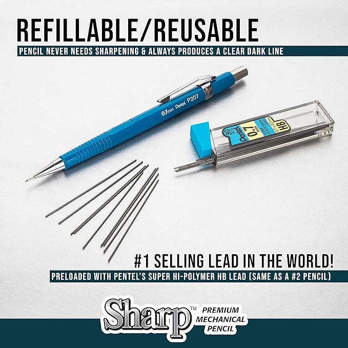 Pentel Sharp Mechanical Pencil (0.7mm), Black & Blue Barrel, 5 pack (P2057BP5AC)