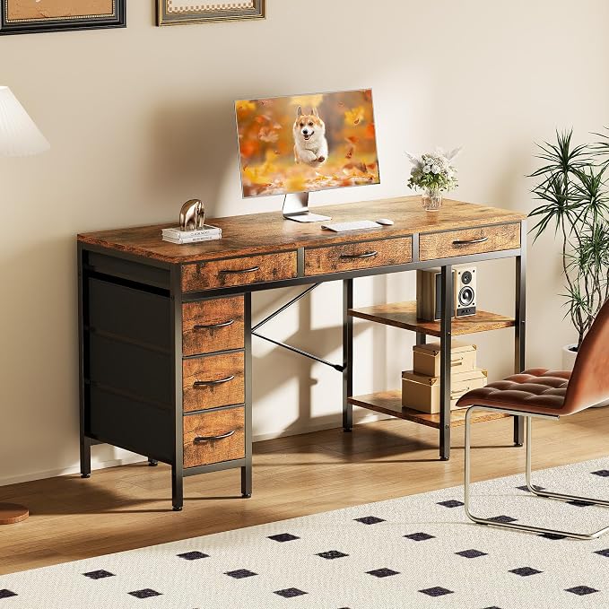 Sweetcrispy 55" Computer Desk with 6 Fabric Drawers & Storage Shelves | Reversible Gaming Desk, Office Desk, Computer Workstation, Corner Desk with Storage, Home Office, Living Room,Rustic Brown