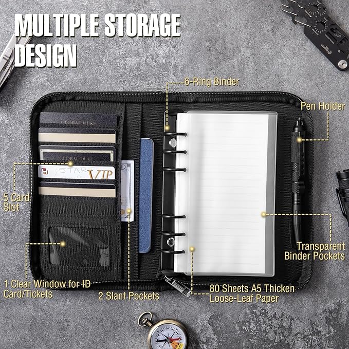 Kosibate Tactical Notebook Padfolio Ring Binders with 45 Sheets,Army Military Notebook Portfolio Binder with Zipper for Tactical Gear and Organizer, Refillable 6-Ring Binder(Black,5.5'' x 8.5'')
