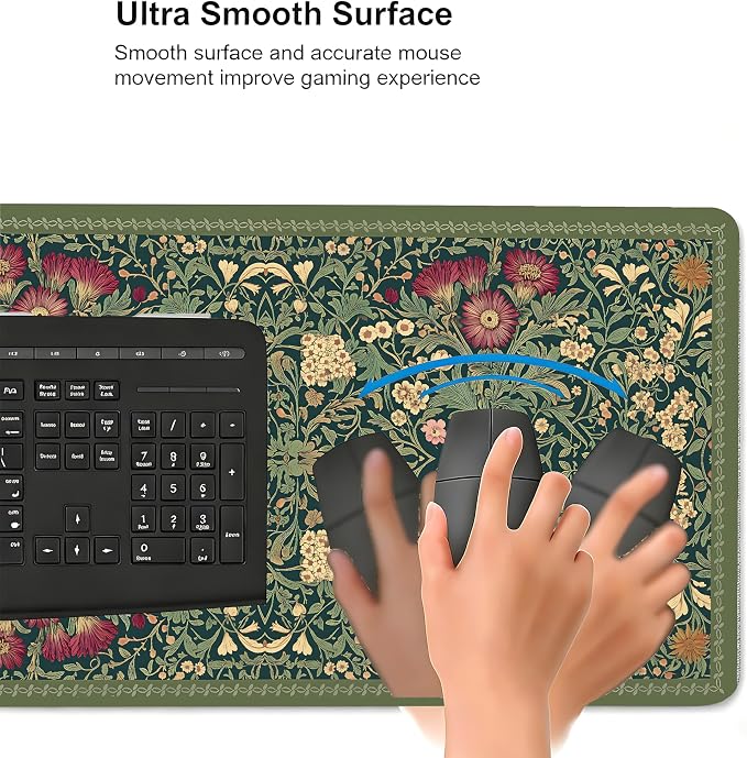 Cute Floral Aesthetic Daisy Gaming Mouse Pad, Dark Green Rug Desk Mat with Anti-Slip Base & Stitched Edges, Computer Keyboard & Laptop Pad, 35.4" x 15.7" in in Workstation Accessories