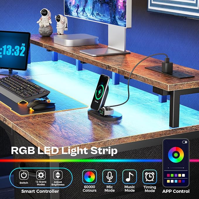 Huuger 47 inch Computer Desk with Power Outlets & 4 Drawers | Gaming Desk with LED Lights, Home Office Desk with Storage Space, Work from Home, Rustic Brown and Black