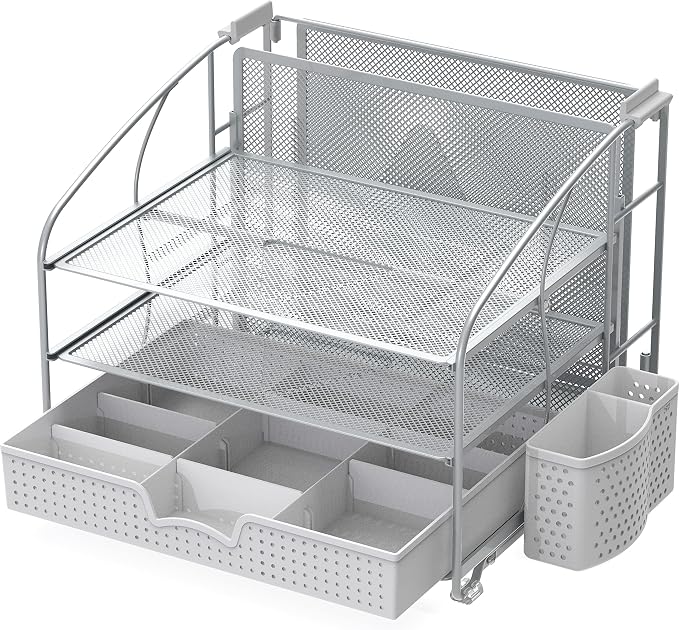 Simple Houseware 3-Tier Desk Organizer with Sliding Drawer, Silver | Hanging File Holder and Pen Holder Accessory
