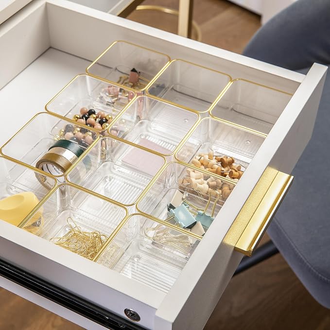 Martha Stewart Kerry Stackable Desk Drawer Organizers, Clear/Gold, 12-Pack | 3x3 in Organizers, Gold Trim, Stackable