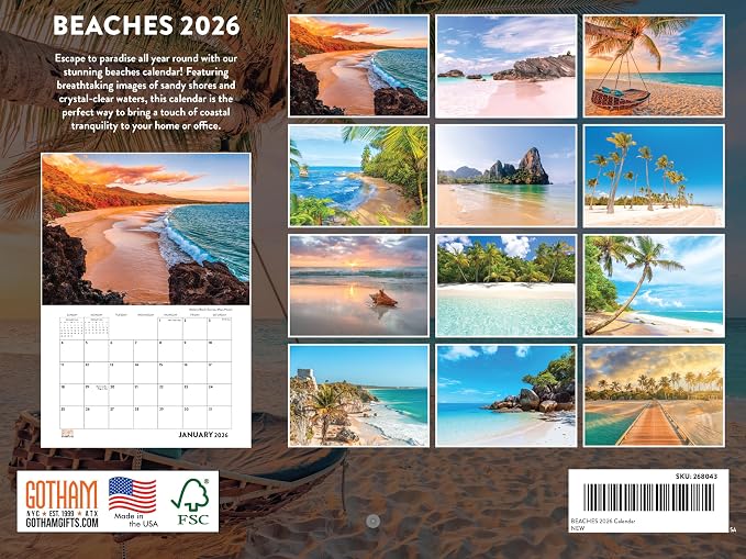 Beach Calendar 2026 Tropical Beaches Gifts For Beach Lovers Ocean Island Monthly Wall Calender 12 Month | American Made In The USA