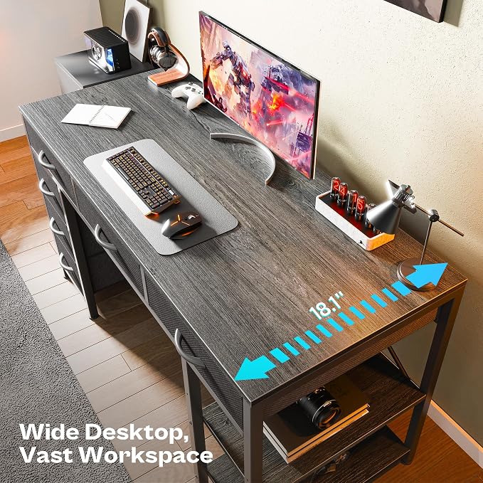 Huuger Computer Desk with 6 Drawers, Office Desk with Shelves, Reversible Gaming Desk, Corner Desk with Storage, Work for Home Office, Study, Living Room, 47inch, Grey
