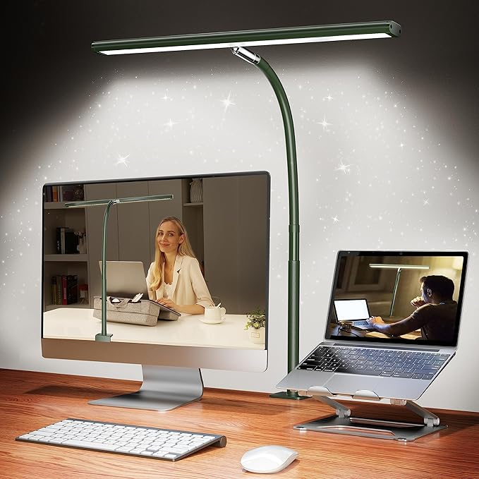Airlonv LED Desk Lamp with Clamp, 17" Stepless Dimming Light, Green | 2700K-6500K, 100 LEDs, 360° Gooseneck, Fits Up to 30" Monitors, Flicker-Free Lighting for Home Office, Study& Workbench