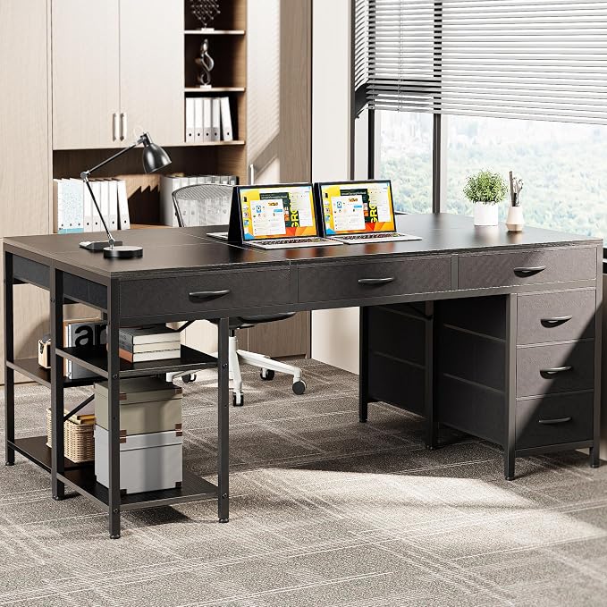 Huuger Computer Desk with 6 Drawers, Office Desk with Shelves, Reversible Gaming Desk, Corner Desk with Storage, Work for Home Office, Study, Living Room, 63inch, Black