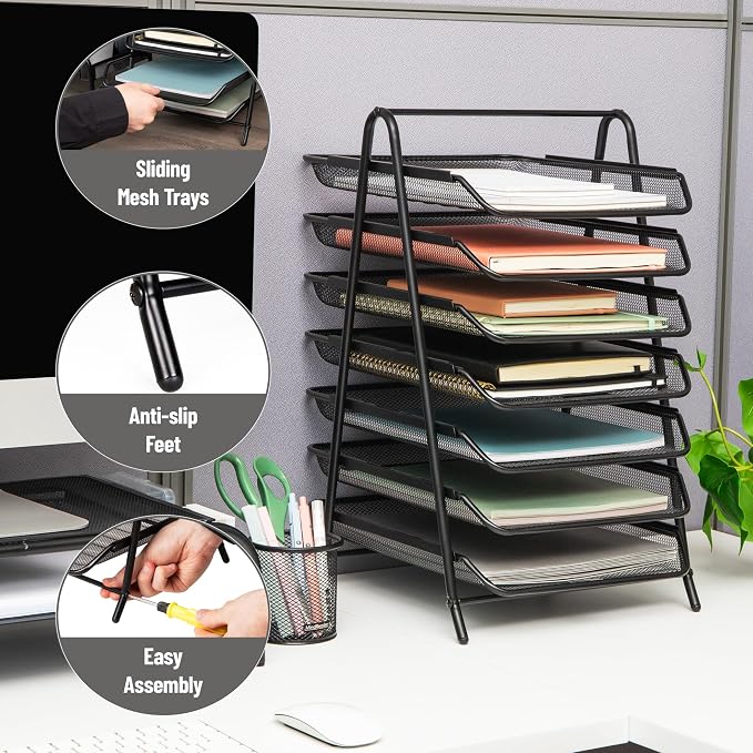 Mind Reader 7-Tier Paper Tray, Desktop Organizer, File Storage, Office, Metal Mesh, Black