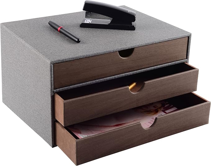 Cloth-effect Faux Leather Desk Organizer File Cabinet Executive Office Supplies Desktop Filing A4 Contract Document Stackable Storage Box with 3 Drawers (Grey)