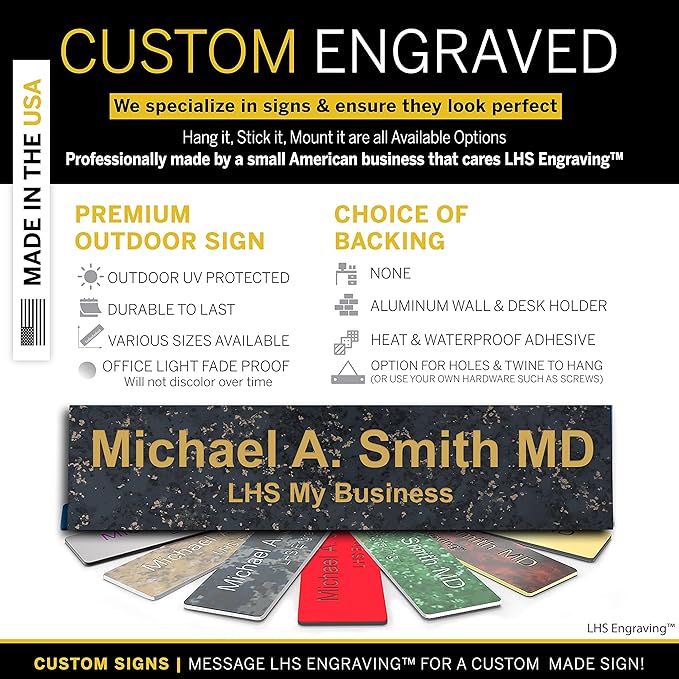 Engraved Custom Door Plate Charcoal Marble Pattern Plastic Office Door Sign with Gold Letters - Made in USA 2x4 S6