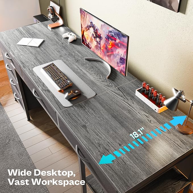 Huuger Computer Desk with 6 Drawers, Office Desk with Shelves, Reversible Gaming Desk, Corner Desk with Storage, Work for Home Office, Study, Living Room, 63inch, Grey