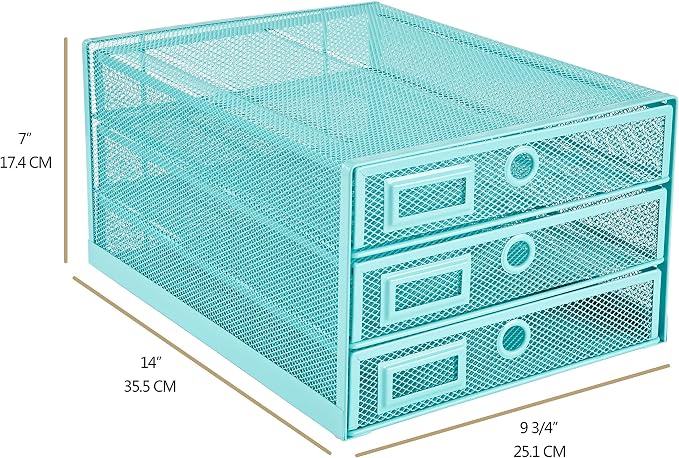 Annova Desk Organizer Wire Mesh 3 Tier Sliding Drawers Paper Sorter/Multifunctional/Premium Solid Construction for Letters, Documents, Mail, Files, Paper, Kids' Art Supplies (Turquoise)