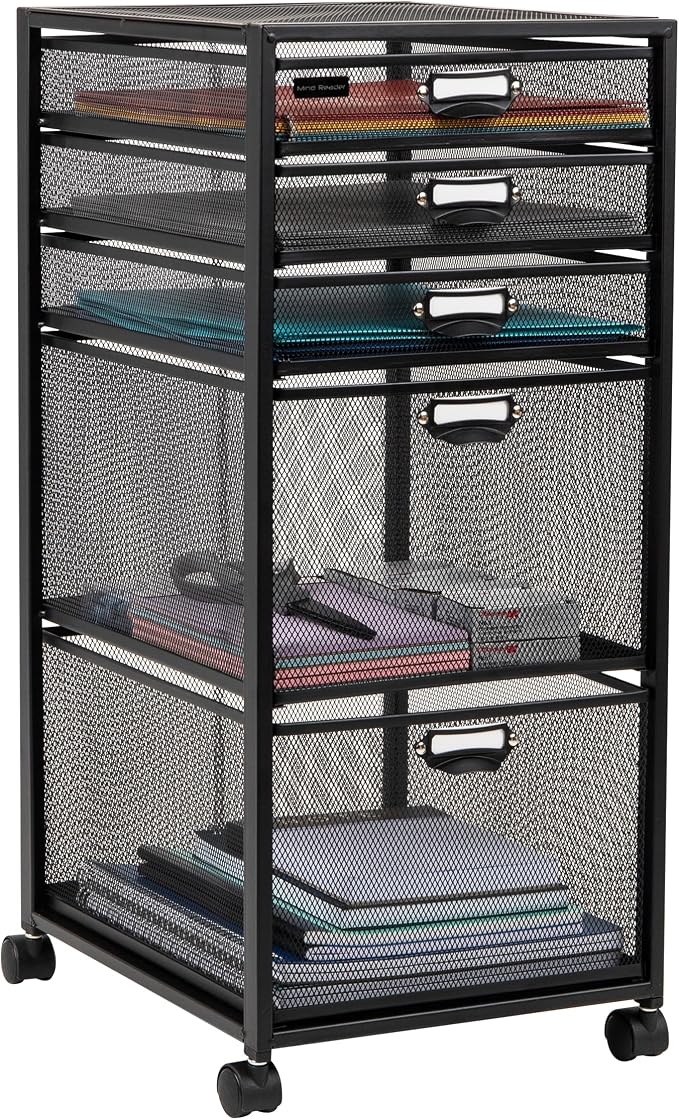 Mind Reader Vertical Office Storage Organizer with Mesh Drawers Label Holders and Optional Wheels, Metal Mesh, Black