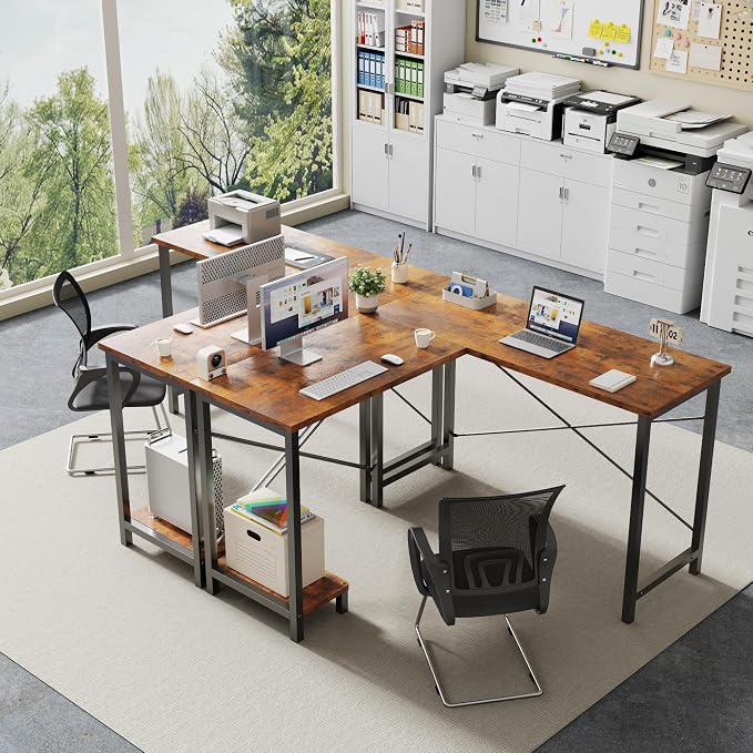DUMOS 50-Inch Reversible L Shaped Desk with CPU Shelf, Brown | Computer Desk with Sturdy Metal Frame, Corner Gaming Desk, Home Office Desk for Study, Writing and Work, Sturdy Modern Design