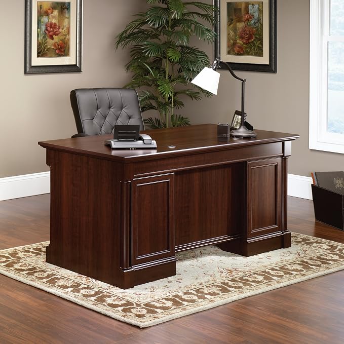 Sauder Palladia Office Desk with Drawers, Executive Desk with File Cabinet Storage, Cable Management, Keyboard Tray, in Select Cherry Finish
