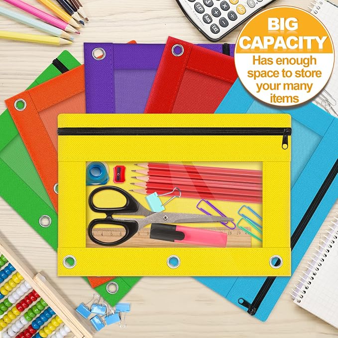 Pencil Pouch for 3 Ring Binder, 48 Pack Bulk Zipper Pencil Cases with Clear Window, Assorted Color Cloth Binder Pouches with 3 Holes, Durable Pencil Bags for Classroom School Office Supplies