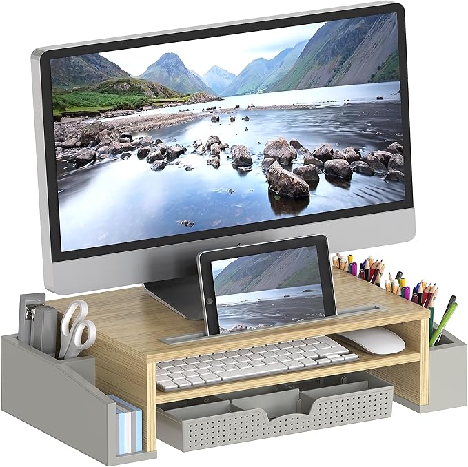 Simple Houseware Desk Monitor Stand Riser w/ Adjustable Tray, Oak | Built-In Tablet Slot and Side Storage