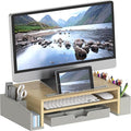 Simple Houseware Desk Monitor Stand Riser w/ Adjustable Tray, Oak | Built-In Tablet Slot and Side Storage