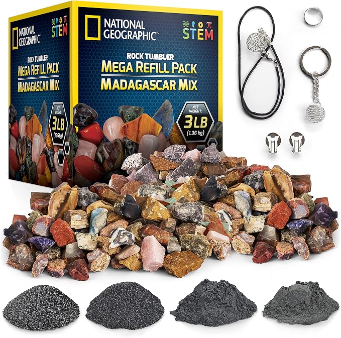 National Geographic Rock Tumbler Refill Kit with 3 Lbs. Madagascar Rocks | 3 Lbs. Rough Madagascar Rocks, Jasper and Quartz, Rock Tumbler Grit, Jewelry Accessories, Rock Polishing Supplies