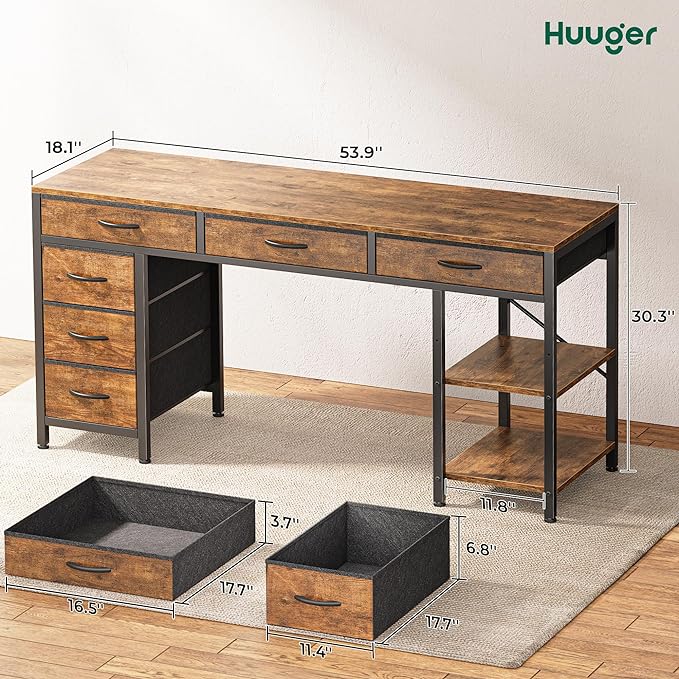 Huuger Computer Desk with 6 Drawers, Office Desk with Shelves, Reversible Gaming Desk, Corner Desk with Storage, Work for Home Office, Study, Living Room, 54inch, Rustic Brown