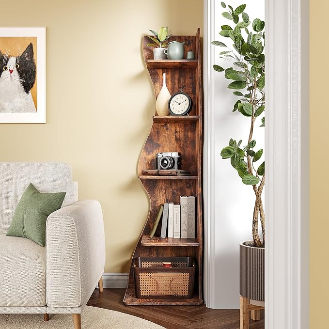 LITTLE TREE Small Corner Shelf, Modern 5-Tier Wall Corner Bookshelf, Stylish Bookcase Storage Rack for Small Space, Living Room, Bedroom