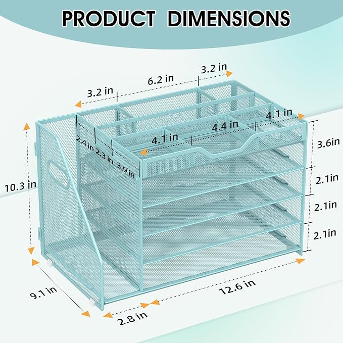 5 Tier Paper Letter Tray Desk Organizer with Pen Holders - Blue | Features 3 pen holders and 4 removable dividers.Versatile mesh desktop storage for mail, document,office supplie