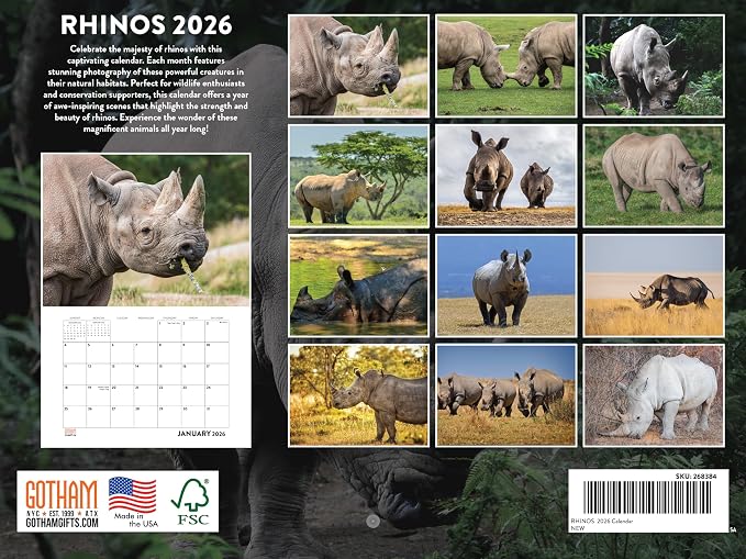 Rhino Calendar 2026 Rhinoceros Monthly Wall Calender 12 Month | American Made In The USA